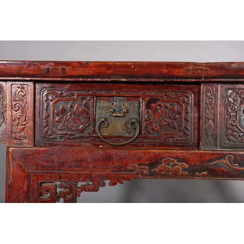 110 - A CHINESE ELM AND LACQUERED ALTAR TABLE, Qing, having a planked surface above a deep frieze carved i... 