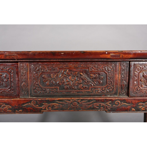 110 - A CHINESE ELM AND LACQUERED ALTAR TABLE, Qing, having a planked surface above a deep frieze carved i... 