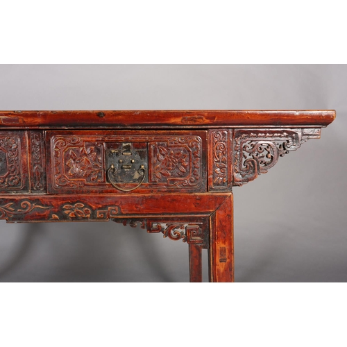 110 - A CHINESE ELM AND LACQUERED ALTAR TABLE, Qing, having a planked surface above a deep frieze carved i... 