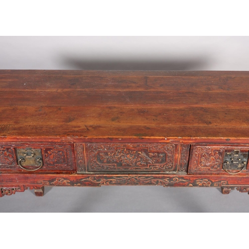 110 - A CHINESE ELM AND LACQUERED ALTAR TABLE, Qing, having a planked surface above a deep frieze carved i... 