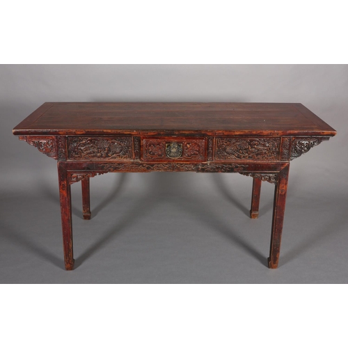 110 - A CHINESE ELM AND LACQUERED ALTAR TABLE, Qing, having a planked surface above a deep frieze carved i... 