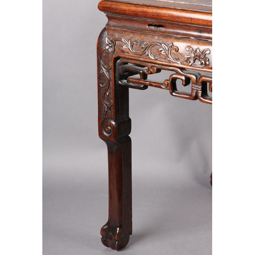 113 - A CHINESE HARDWOOD AND MARBLE INSET URN STAND, of square outline, the apron and upper leg carved wit... 