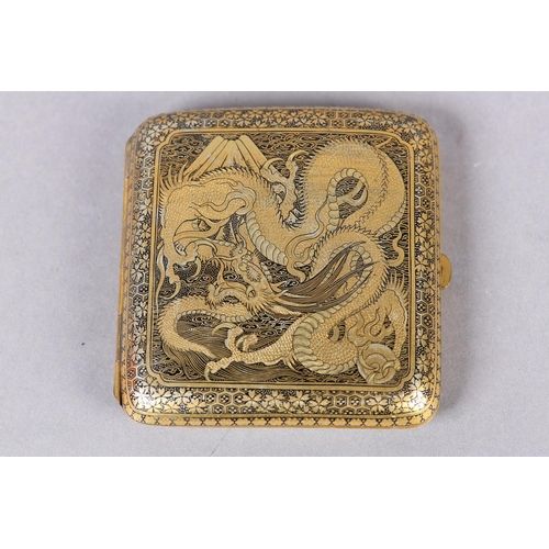 131 - A JAPANESE DAMASCENE CIGARETTE CASE BY FUJII-YOSHITOYO, MEIJI PERIOD, wrythen dragon on both sides w... 