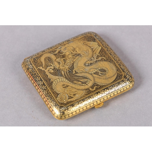 131 - A JAPANESE DAMASCENE CIGARETTE CASE BY FUJII-YOSHITOYO, MEIJI PERIOD, wrythen dragon on both sides w... 