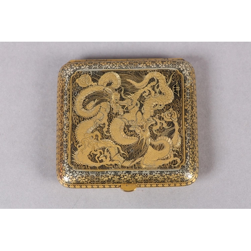 131 - A JAPANESE DAMASCENE CIGARETTE CASE BY FUJII-YOSHITOYO, MEIJI PERIOD, wrythen dragon on both sides w... 