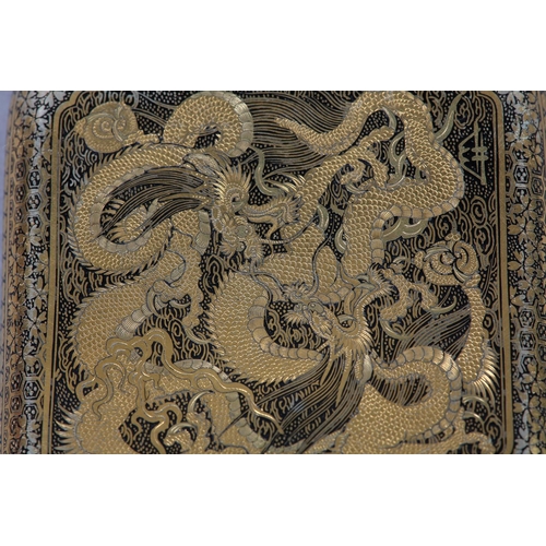 131 - A JAPANESE DAMASCENE CIGARETTE CASE BY FUJII-YOSHITOYO, MEIJI PERIOD, wrythen dragon on both sides w... 