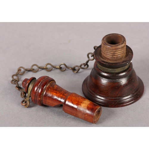 22 - A 19TH CENTURY SHIP'S VOICE PIPE MOUTHPIECE, turned hardwood with brass collars and chain, 8.5cm lon... 