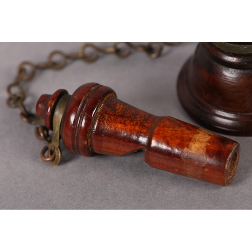 22 - A 19TH CENTURY SHIP'S VOICE PIPE MOUTHPIECE, turned hardwood with brass collars and chain, 8.5cm lon... 