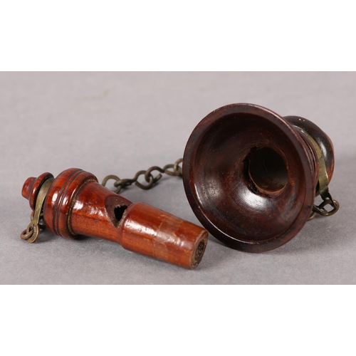 22 - A 19TH CENTURY SHIP'S VOICE PIPE MOUTHPIECE, turned hardwood with brass collars and chain, 8.5cm lon... 