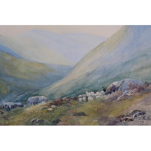 317 - B MEDHURST, early 20th century, Shepherd and flock on a mountain side and valley with stream, a pair... 