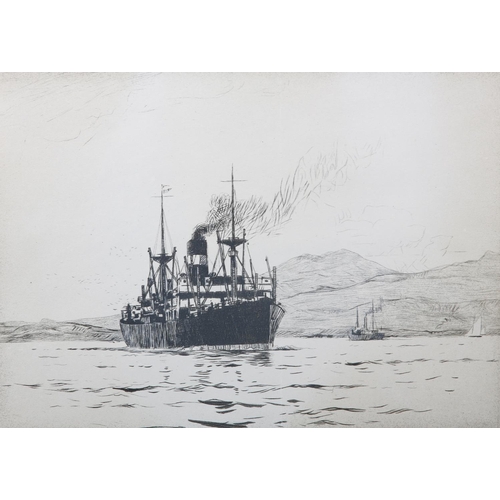 331 - ARR NORMAN WILKINSON (1878-1971), British Indian Shipping Line Freighter, black and white etching, s... 