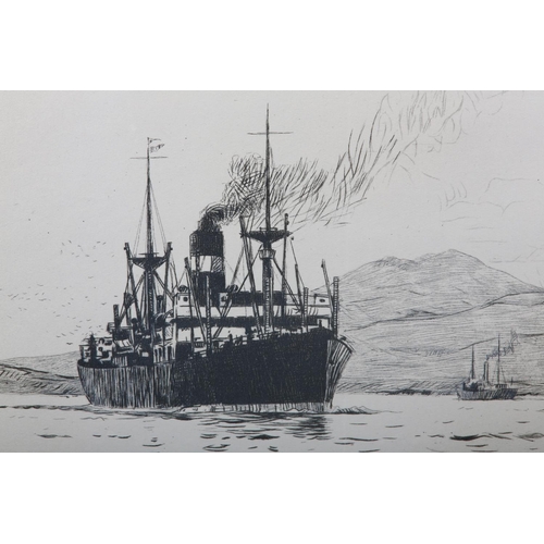 331 - ARR NORMAN WILKINSON (1878-1971), British Indian Shipping Line Freighter, black and white etching, s... 