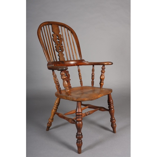 361 - A MID 19TH CENTURY YEW-WOOD WINDSOR HIGH BACK ARMCHAIR, having a pierced and scrolled profile splat ... 