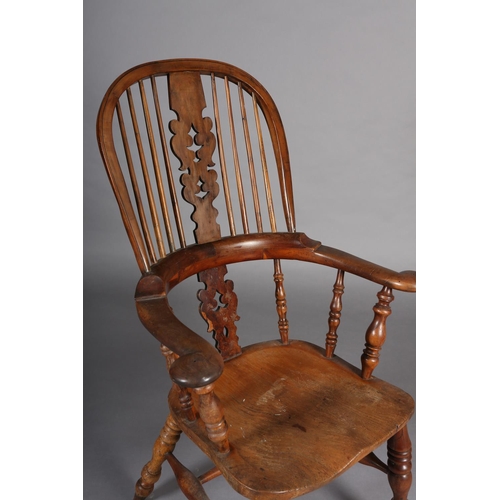 361 - A MID 19TH CENTURY YEW-WOOD WINDSOR HIGH BACK ARMCHAIR, having a pierced and scrolled profile splat ... 