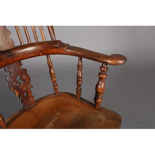 361 - A MID 19TH CENTURY YEW-WOOD WINDSOR HIGH BACK ARMCHAIR, having a pierced and scrolled profile splat ... 