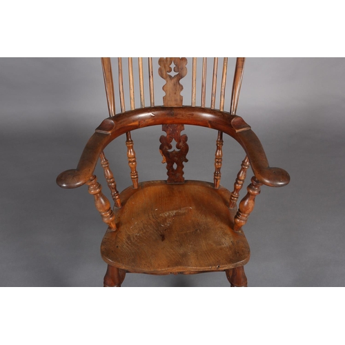 361 - A MID 19TH CENTURY YEW-WOOD WINDSOR HIGH BACK ARMCHAIR, having a pierced and scrolled profile splat ... 