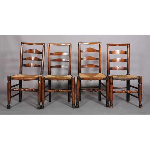 362 - FOUR EARLY 19TH CENTURY LANCASHIRE ASH LADDER BACK CHAIRS, the shaped top rails and curved bars abov... 