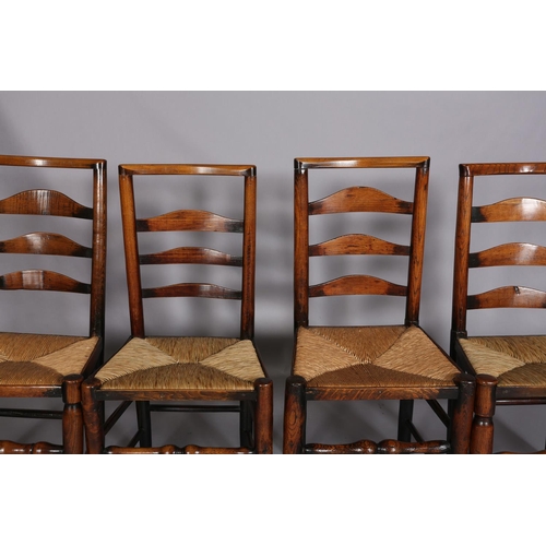 362 - FOUR EARLY 19TH CENTURY LANCASHIRE ASH LADDER BACK CHAIRS, the shaped top rails and curved bars abov... 