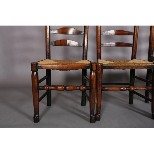 362 - FOUR EARLY 19TH CENTURY LANCASHIRE ASH LADDER BACK CHAIRS, the shaped top rails and curved bars abov... 