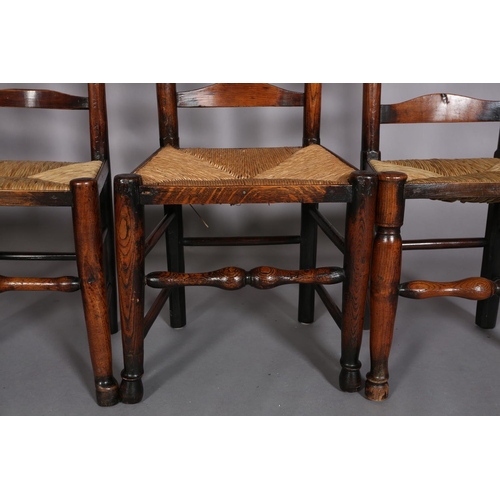 362 - FOUR EARLY 19TH CENTURY LANCASHIRE ASH LADDER BACK CHAIRS, the shaped top rails and curved bars abov... 