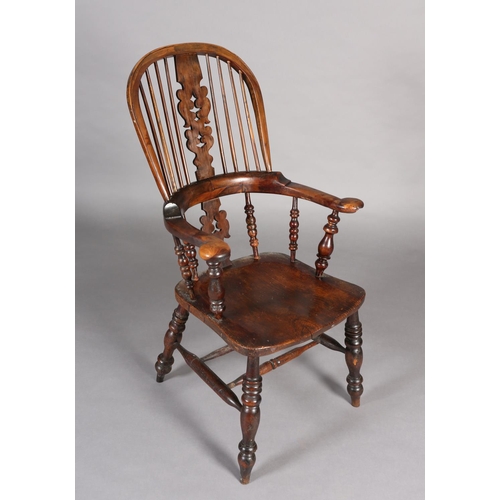 368 - A 19TH CENTURY YEW-WOOD WINDSOR HIGH BACK ARMCHAIR, having a pierced and scrolled profile, broad arm... 