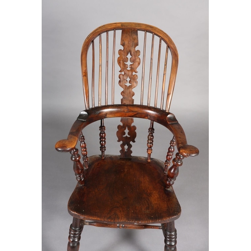 368 - A 19TH CENTURY YEW-WOOD WINDSOR HIGH BACK ARMCHAIR, having a pierced and scrolled profile, broad arm... 