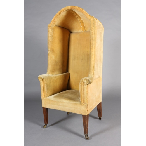 376 - AN EDWARD VII MAHOGANY HALL PORTER'S CHAIR with rounded canopy, upholstered in mid-yellow velvet and... 