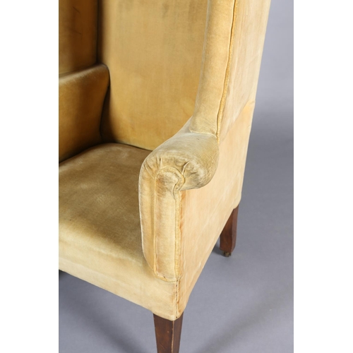 376 - AN EDWARD VII MAHOGANY HALL PORTER'S CHAIR with rounded canopy, upholstered in mid-yellow velvet and... 