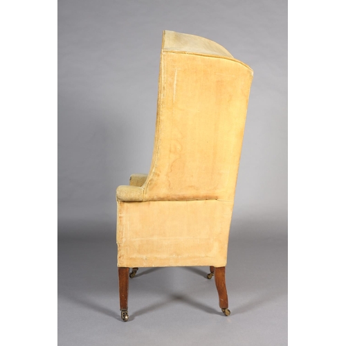 376 - AN EDWARD VII MAHOGANY HALL PORTER'S CHAIR with rounded canopy, upholstered in mid-yellow velvet and... 