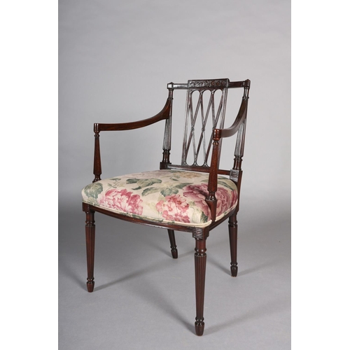 387 - AN 18TH CENTURY REVIVAL MAHOGANY OPEN ARMCHAIR, having a trellis splat below a ribboned harebell car... 