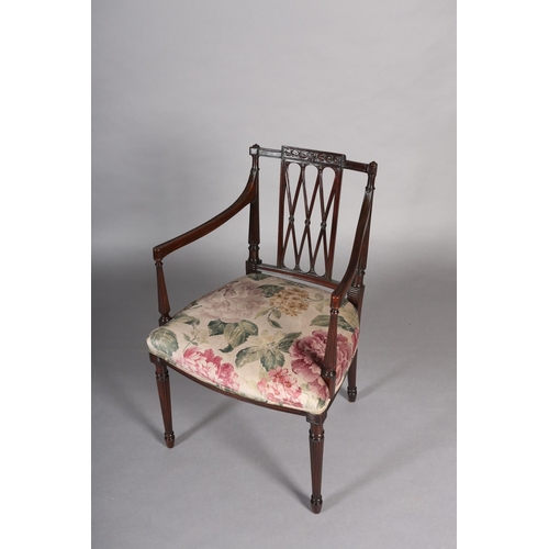 387 - AN 18TH CENTURY REVIVAL MAHOGANY OPEN ARMCHAIR, having a trellis splat below a ribboned harebell car... 