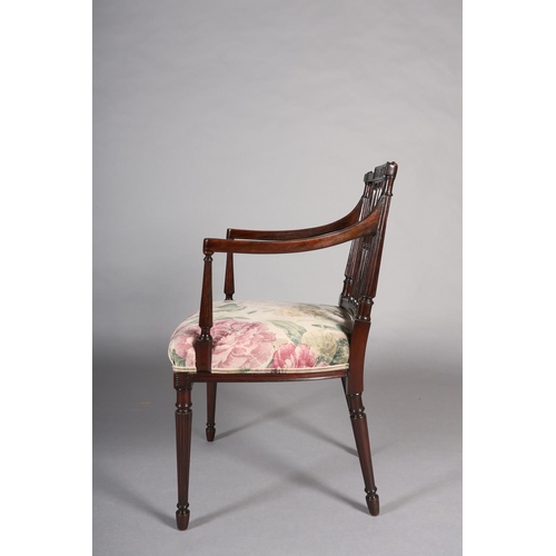 387 - AN 18TH CENTURY REVIVAL MAHOGANY OPEN ARMCHAIR, having a trellis splat below a ribboned harebell car... 