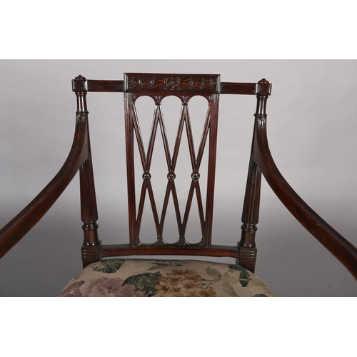 387 - AN 18TH CENTURY REVIVAL MAHOGANY OPEN ARMCHAIR, having a trellis splat below a ribboned harebell car... 