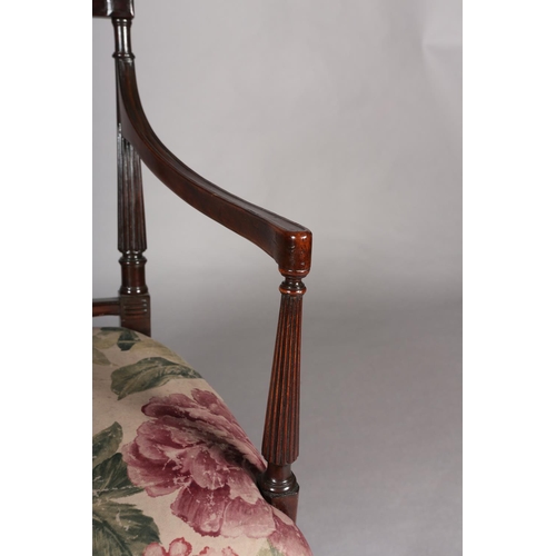 387 - AN 18TH CENTURY REVIVAL MAHOGANY OPEN ARMCHAIR, having a trellis splat below a ribboned harebell car... 