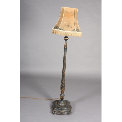 389 - AN EBONISED AND GILT CHINOISERIE STANDARD LAMP, turned column on a square triple stepped base of ser... 