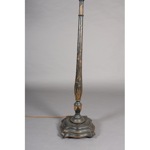 389 - AN EBONISED AND GILT CHINOISERIE STANDARD LAMP, turned column on a square triple stepped base of ser... 