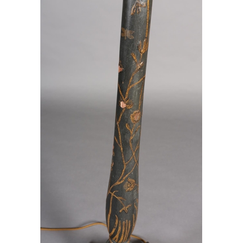 389 - AN EBONISED AND GILT CHINOISERIE STANDARD LAMP, turned column on a square triple stepped base of ser... 