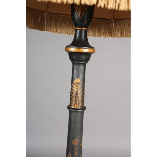 389 - AN EBONISED AND GILT CHINOISERIE STANDARD LAMP, turned column on a square triple stepped base of ser... 