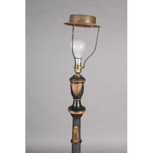 389 - AN EBONISED AND GILT CHINOISERIE STANDARD LAMP, turned column on a square triple stepped base of ser... 