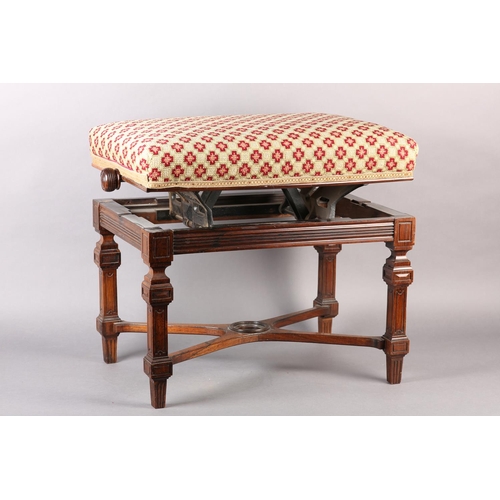 403 - A LATE 19TH CENTURY ROSEWOOD PIANO STOOL BY H BROOKS OF LONDON, rectangular adjustable upholstered s... 