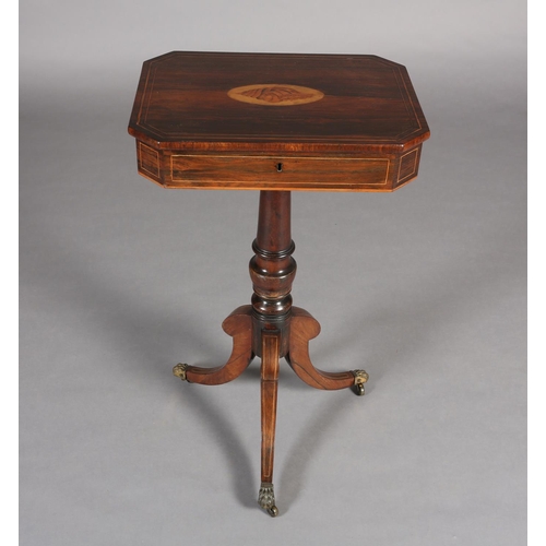 404 - AN EARLY 19TH CENTURY ROSEWOOD WORK TABLE inlaid in satinwood with shell paterae and stringing, rect... 