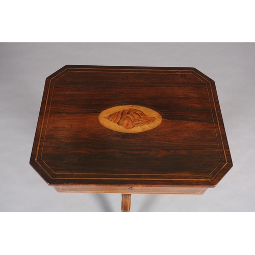 404 - AN EARLY 19TH CENTURY ROSEWOOD WORK TABLE inlaid in satinwood with shell paterae and stringing, rect... 