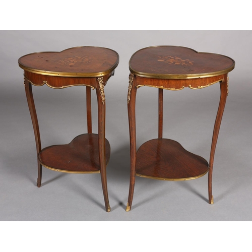 421 - A PAIR OF FRENCH WALNUT AND SATINWOOD INLAID HEART-SHAPED OCCASIONAL TABLES, with gilt metal mounts,... 