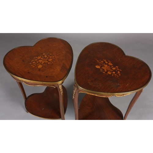 421 - A PAIR OF FRENCH WALNUT AND SATINWOOD INLAID HEART-SHAPED OCCASIONAL TABLES, with gilt metal mounts,... 