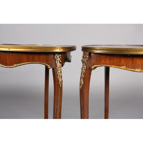 421 - A PAIR OF FRENCH WALNUT AND SATINWOOD INLAID HEART-SHAPED OCCASIONAL TABLES, with gilt metal mounts,... 