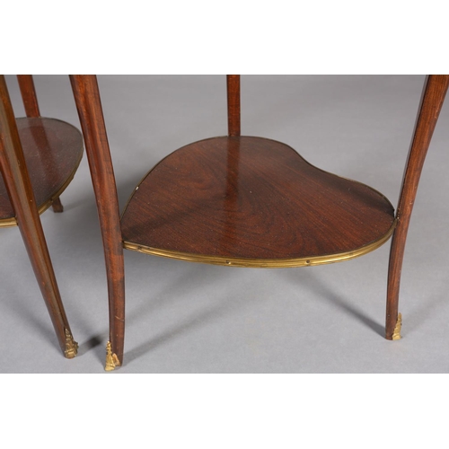 421 - A PAIR OF FRENCH WALNUT AND SATINWOOD INLAID HEART-SHAPED OCCASIONAL TABLES, with gilt metal mounts,... 