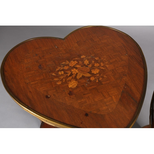 421 - A PAIR OF FRENCH WALNUT AND SATINWOOD INLAID HEART-SHAPED OCCASIONAL TABLES, with gilt metal mounts,... 