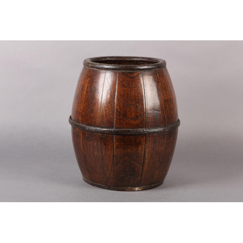 32 - A 19TH CENTURY IRON BOUND COOPERED ELM BARREL, 20cm diameter at opening x 29.5cm high (Shipping cate... 