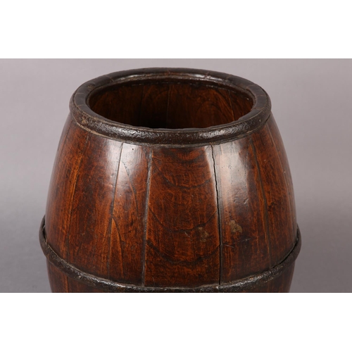 32 - A 19TH CENTURY IRON BOUND COOPERED ELM BARREL, 20cm diameter at opening x 29.5cm high (Shipping cate... 