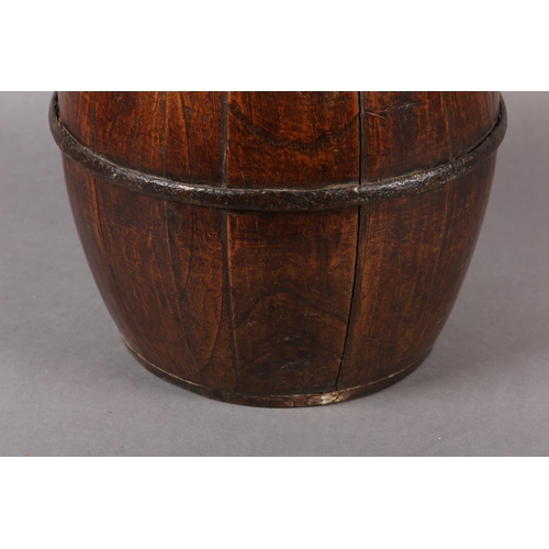 32 - A 19TH CENTURY IRON BOUND COOPERED ELM BARREL, 20cm diameter at opening x 29.5cm high (Shipping cate... 